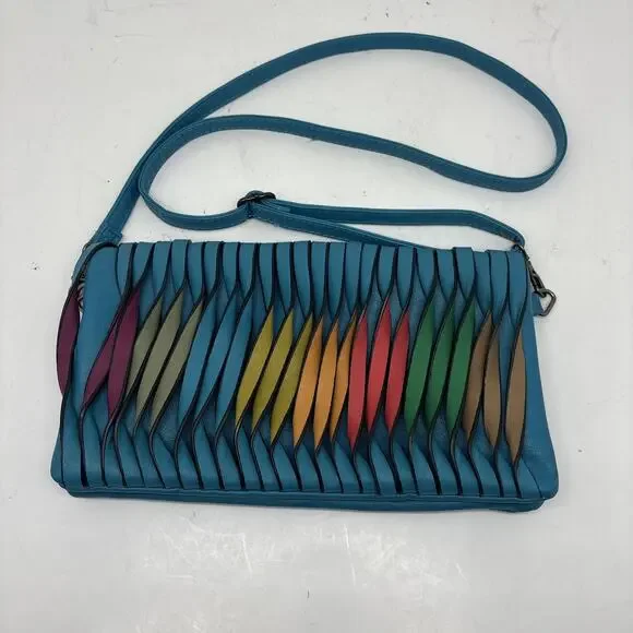 Mellow World Rainbow Twisted Crossbody Clutch Turquoise w/ Shoulder Strap - NICE - Picture 1 of 8